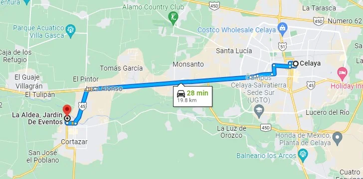 mapa jardin de eventos a 30 minutos de celaya